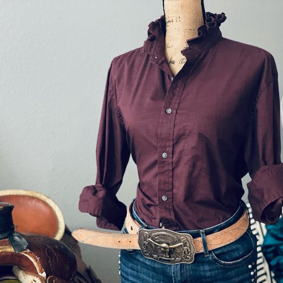Redid, Redone and Reworked Mens to Ladies Maroon Ruffle Collar Long Sleeve Shirt - Picture 3 of 8